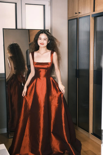 Elegant Burgundy A-Line Square Neck Bow Satin Long Prom Dress Evening Dress P4759