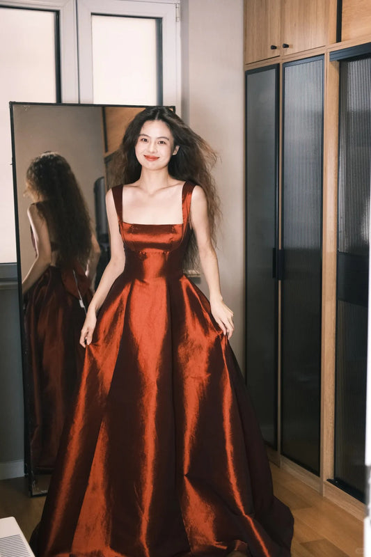Elegant Burgundy A-Line Square Neck Bow Satin Long Prom Dress Evening Dress P4759