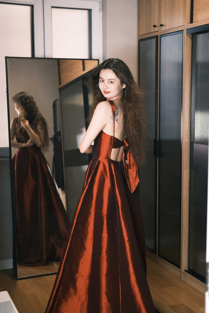 Elegant Burgundy A-Line Square Neck Bow Satin Long Prom Dress Evening Dress P4759