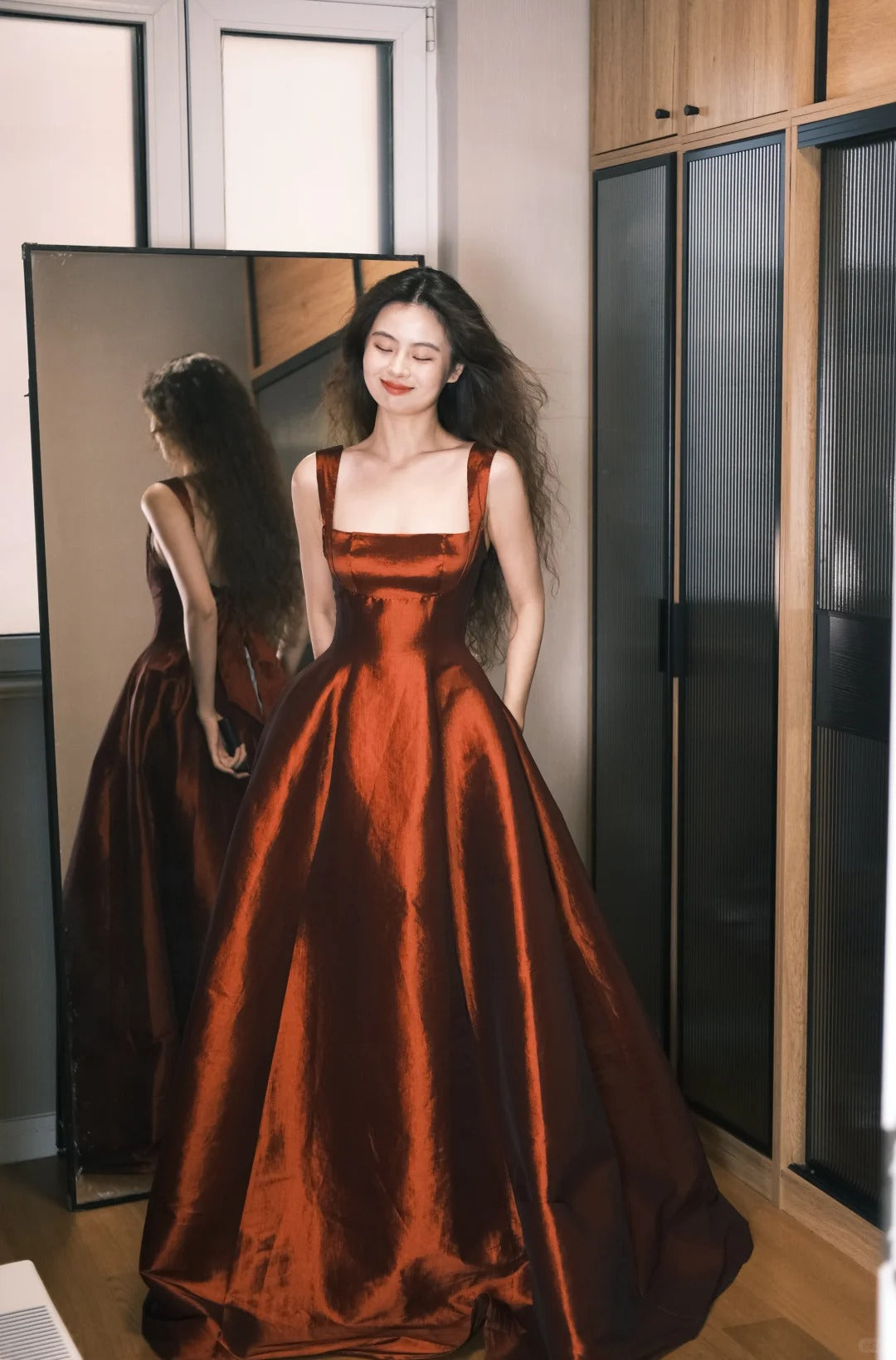 Elegant Burgundy A-Line Square Neck Bow Satin Long Prom Dress Evening Dress P4759