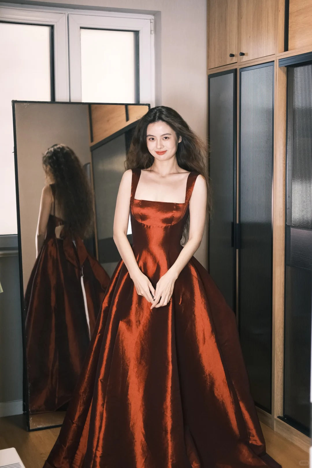 Elegant Burgundy A-Line Square Neck Bow Satin Long Prom Dress Evening Dress P4759