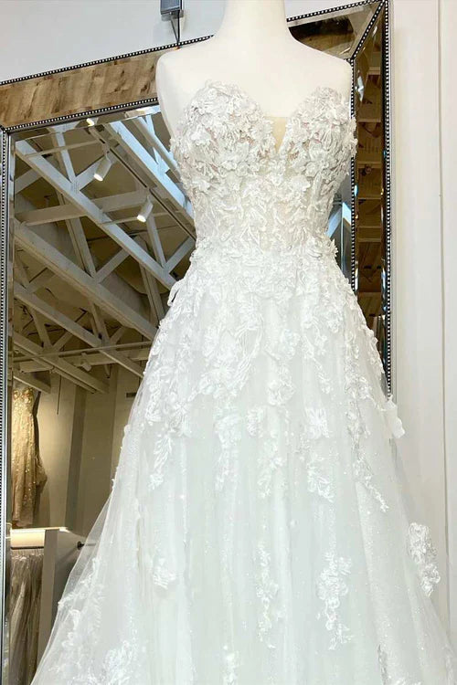 omberprom Elegant A-Line Floral Applique Sweetheart Long Wedding Dress with Sweep Train