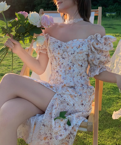 Camellia encounter floral dress holiday style French long skirt R2706