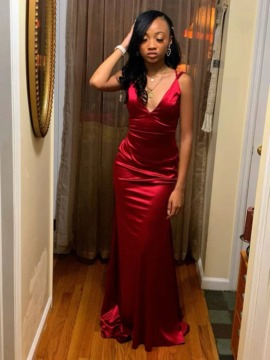 omberprom Elegant Burgundy Satin Mermaid Prom Dress Evening Party Gown Formal Wear Dresses