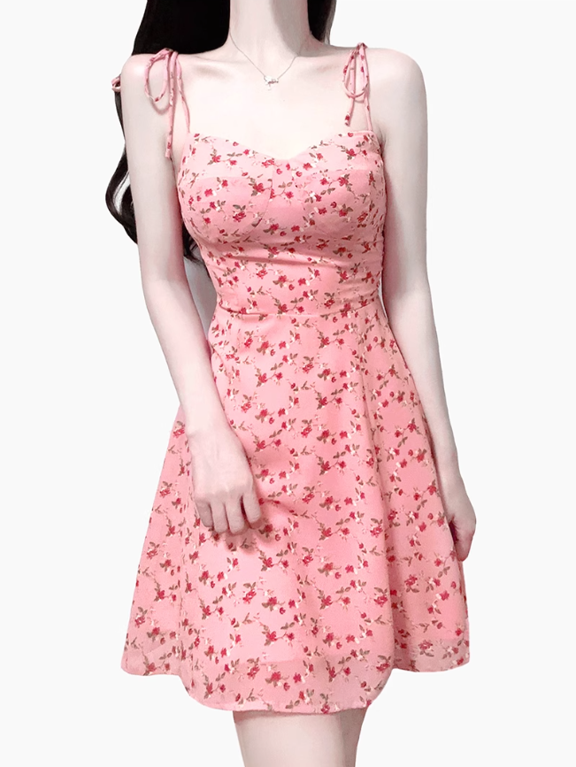 2025 Summer New Pink Floral Tube Top Lace-up Seaside Holiday Suspender Dress R0959