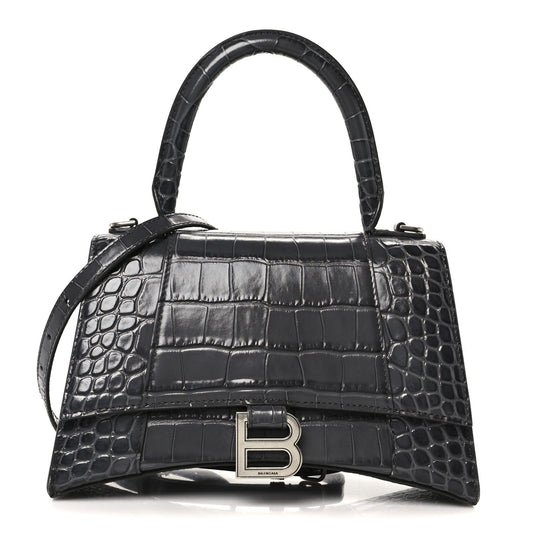 Shiny Calfskin Crocodile Embossed Small Hourglass Top Handle Bag Dark Grey