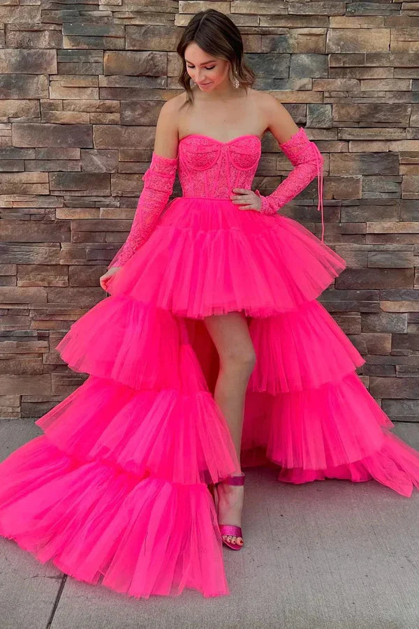omberprom Elegant A-Line Evening Dress Asymmetrical Strapless Tiered Tulle Prom Dress