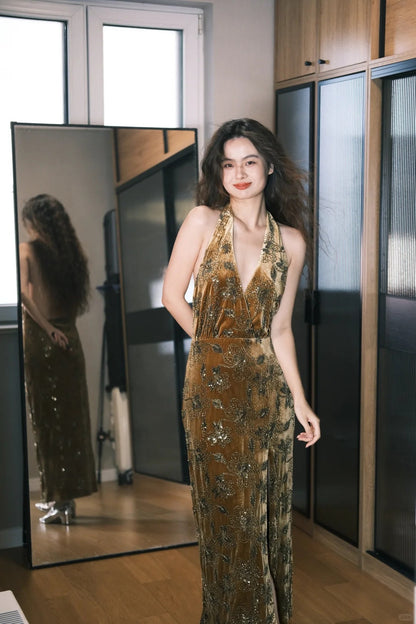 Vintage Caramel Gold Halter Neck Open Back Split Embroidered Velvet Prom Dress Evening Dress P4760