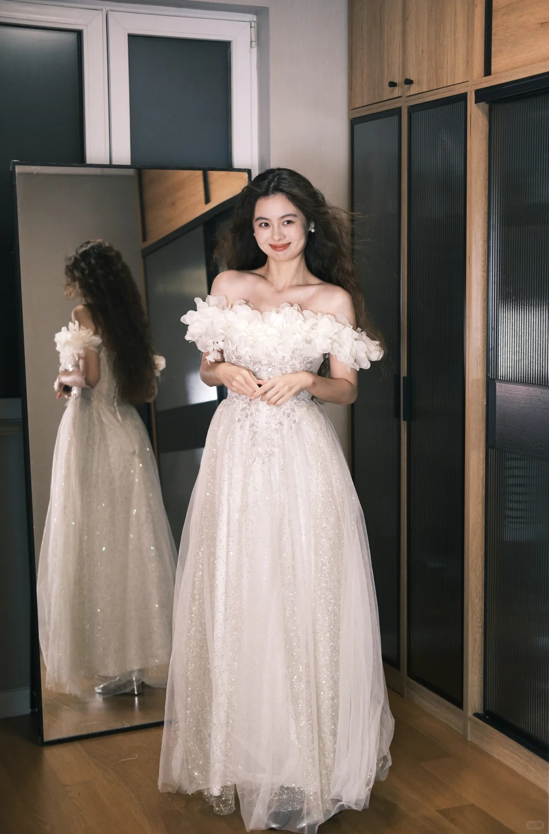 Dreamy Off-White Off-the-Shoulder A-Line 3D Petal Sequin Tulle Long Prom Dress Birthday Dress P4761