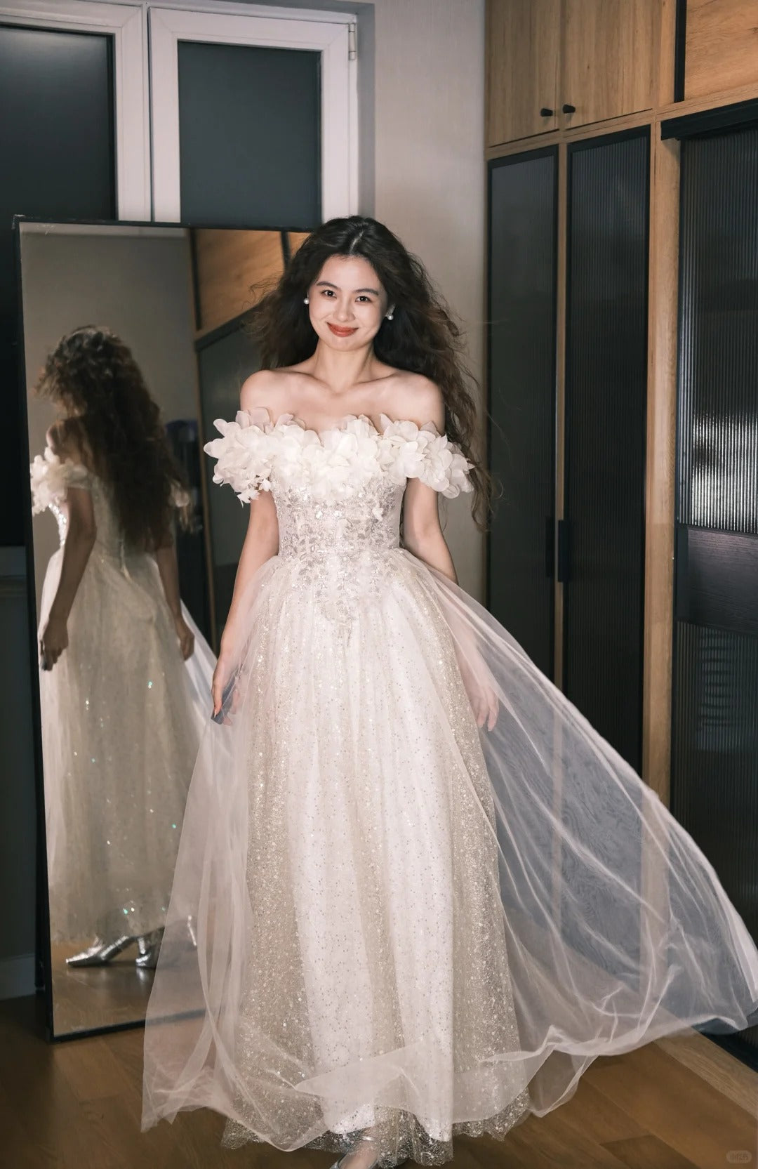 Dreamy Off-White Off-the-Shoulder A-Line 3D Petal Sequin Tulle Long Prom Dress Birthday Dress P4761