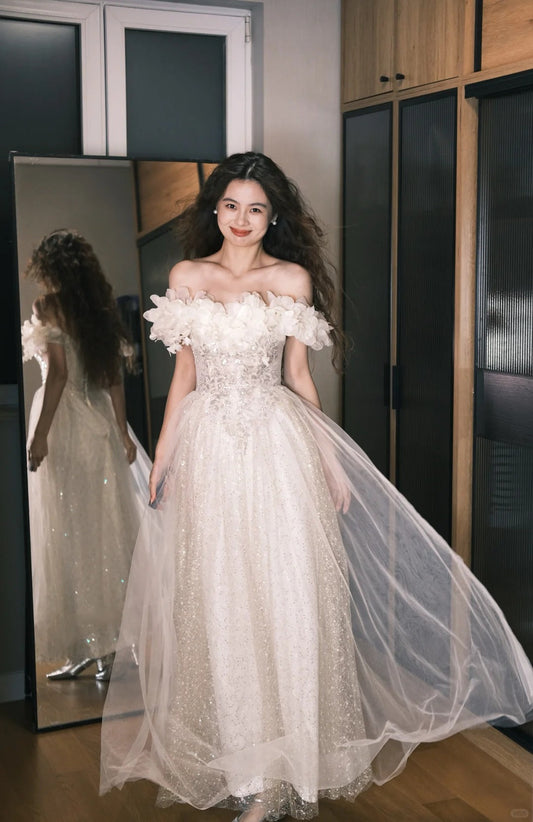 Dreamy Off-White Off-the-Shoulder A-Line 3D Petal Sequin Tulle Long Prom Dress Birthday Dress P4761