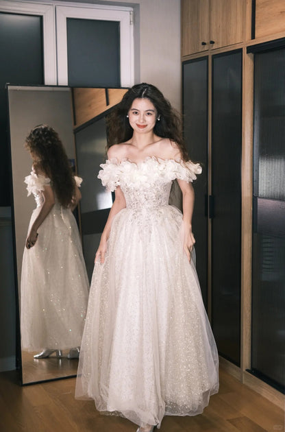 Dreamy Off-White Off-the-Shoulder A-Line 3D Petal Sequin Tulle Long Prom Dress Birthday Dress P4761