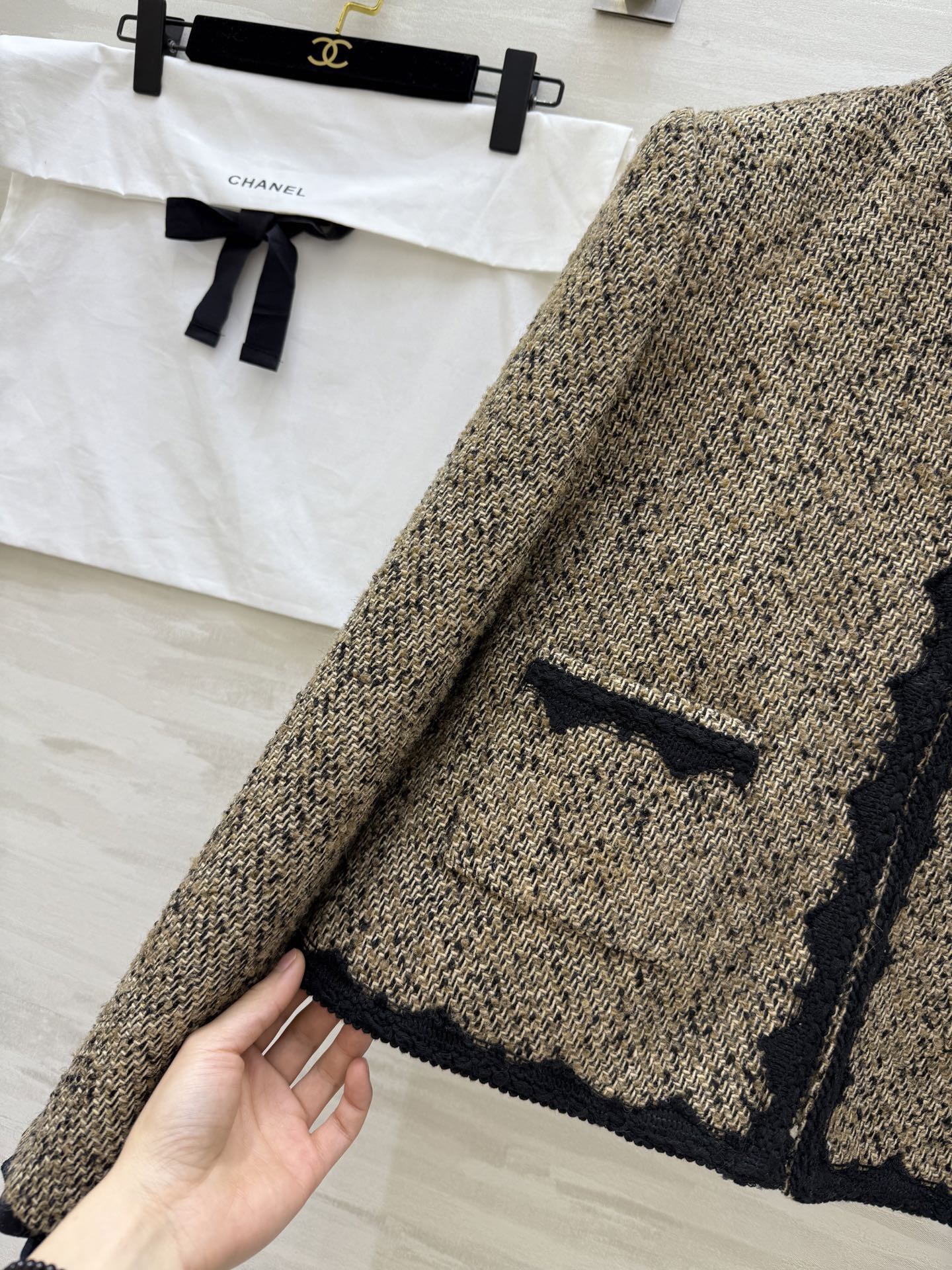 CC 26s Coat 3D Floral Embellished Beige Wool Blend Tweed
