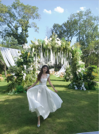 Elegant White Square Neck A-Line Cutout Back Satin Jacquard Long Prom Dress Birthday Dress P4762