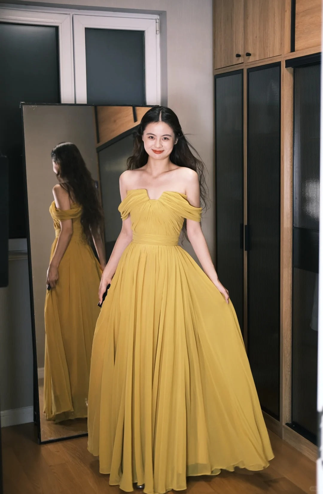 Elegant Ginger Off-the-Shoulder A-Line Chiffon Long Prom Dress Evening Dress P4763