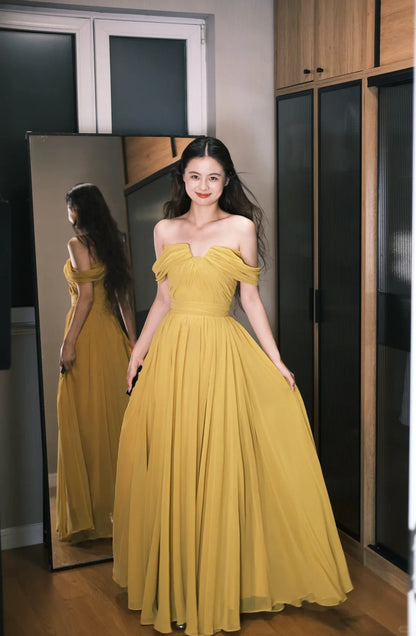 Elegant Ginger Off-the-Shoulder A-Line Chiffon Long Prom Dress Evening Dress P4763