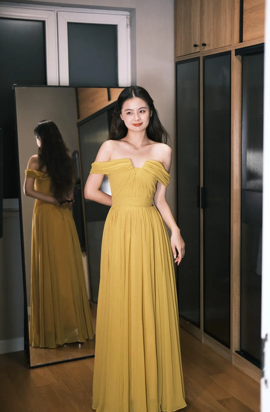 Elegant Ginger Off-the-Shoulder A-Line Chiffon Long Prom Dress Evening Dress P4763