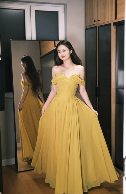 Elegant Ginger Off-the-Shoulder A-Line Chiffon Long Prom Dress Evening Dress P4763