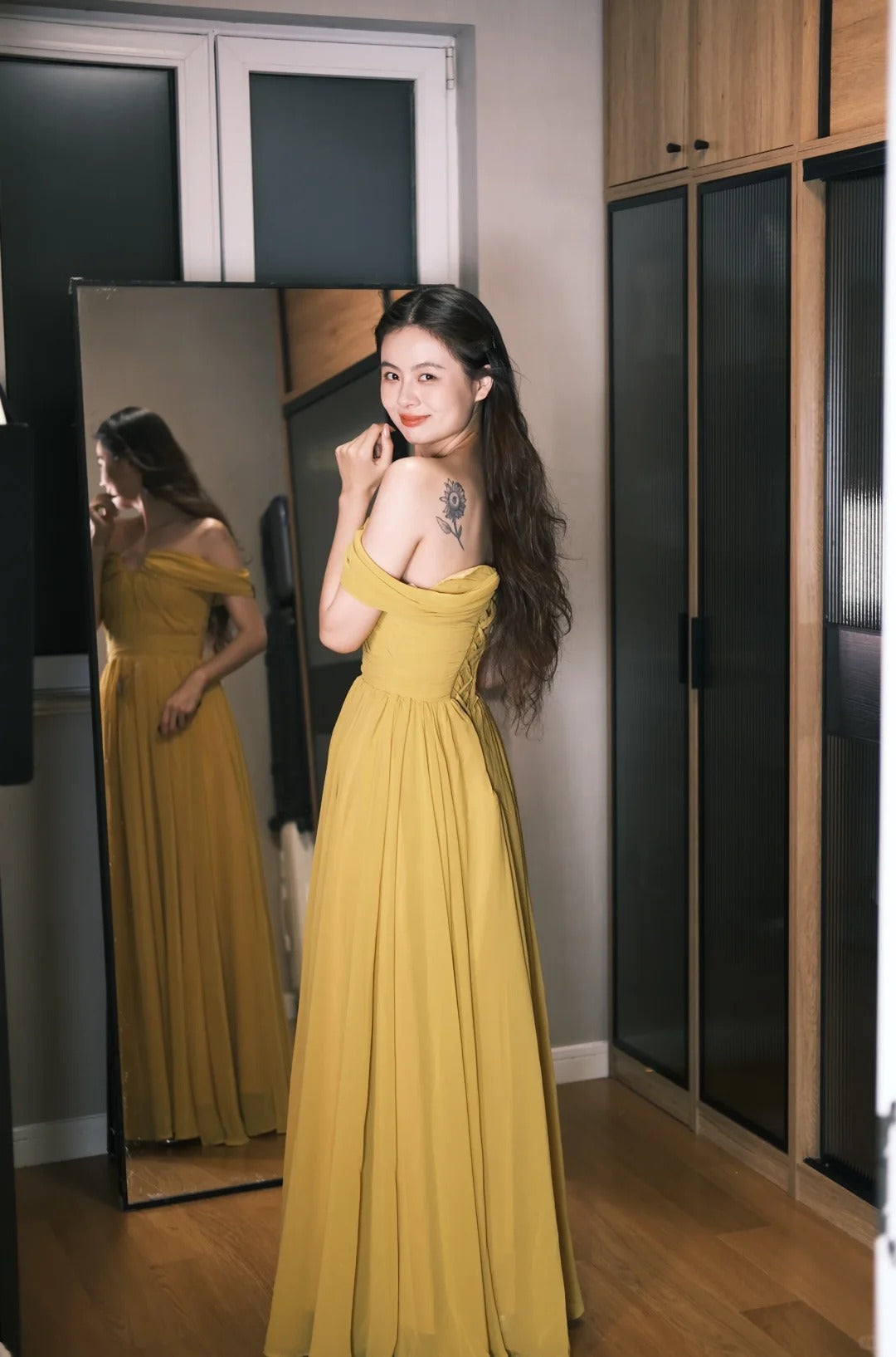 Elegant Ginger Off-the-Shoulder A-Line Chiffon Long Prom Dress Evening Dress P4763