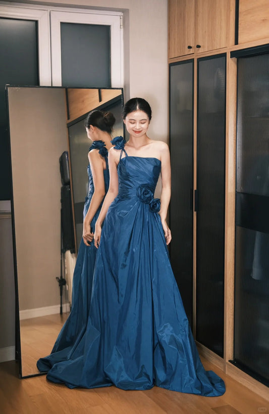 Elegant Blue One-Shoulder 3D Flower Satin Train Prom Dress Evening Dress P4764