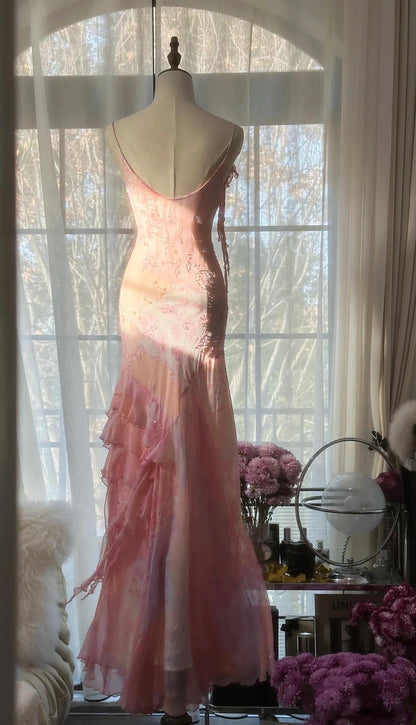 Vintage Pink Floral A-line Spaghetti Strap Irregular Hem Evening Dress Prom Dresses TP3932