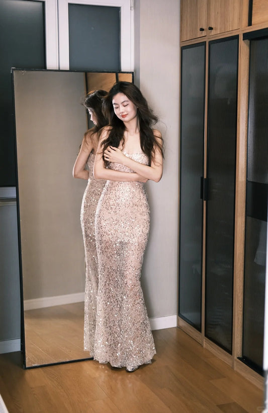 Sexy Strapless Mermaid Sequin Tulle Long Prom Dress Evening Dress P4765