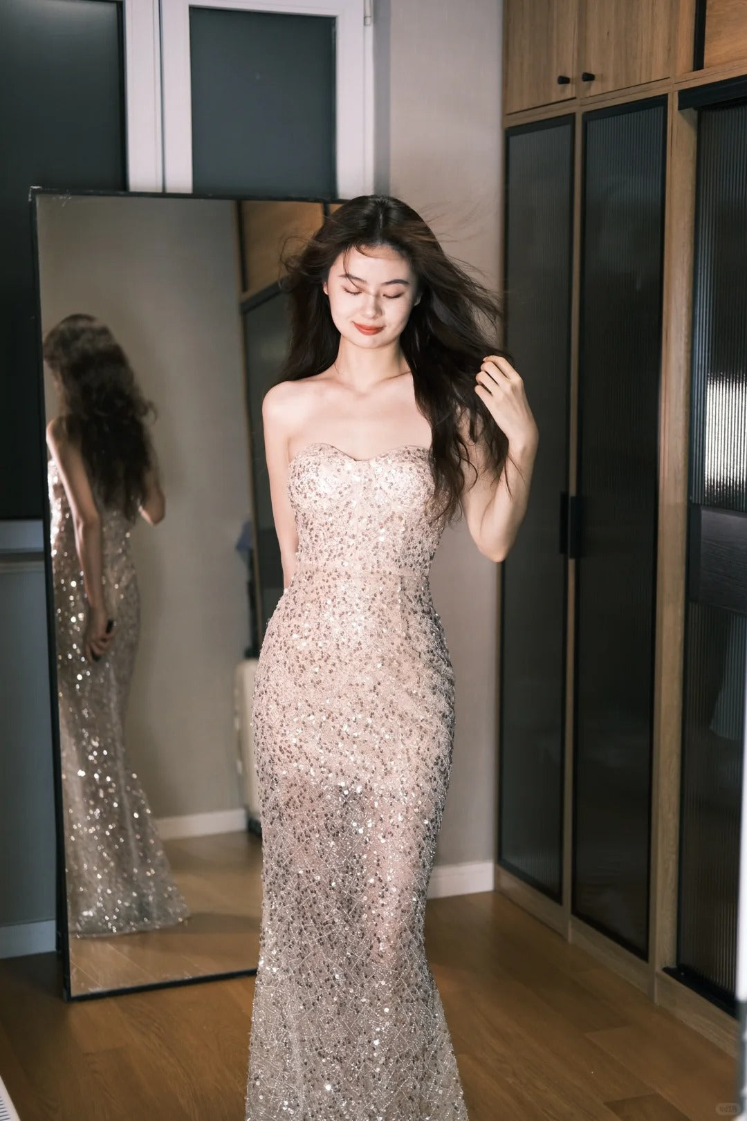 Sexy Strapless Mermaid Sequin Tulle Long Prom Dress Evening Dress P4765