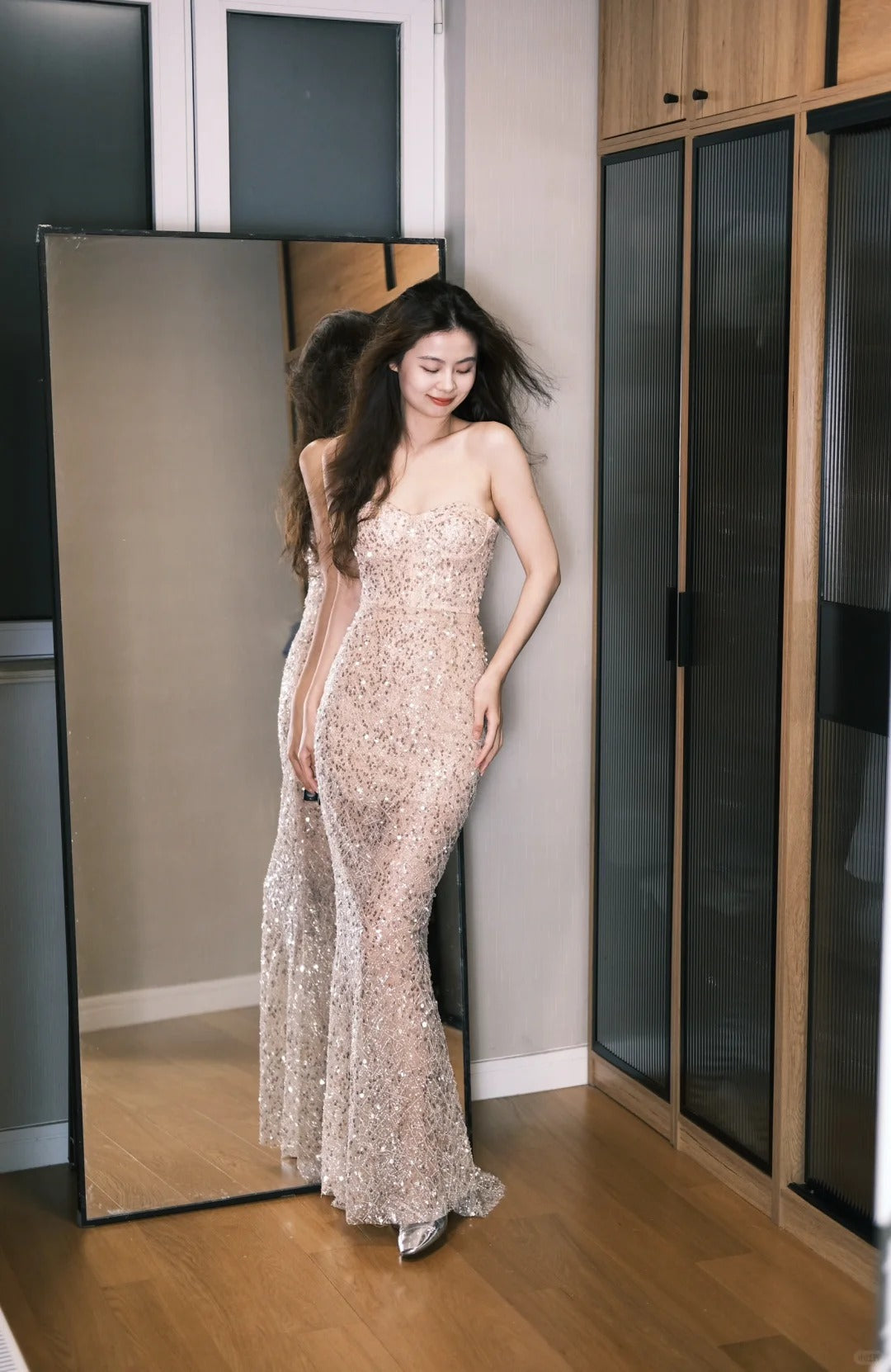 Sexy Strapless Mermaid Sequin Tulle Long Prom Dress Evening Dress P4765