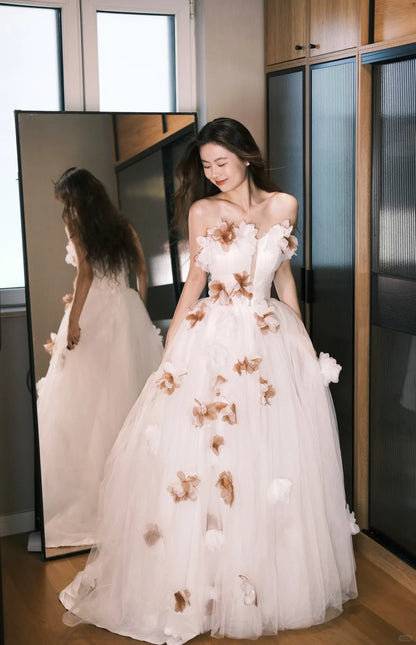 Dreamy White Off-the-Shoulder A-Line 3D Petal Tulle Train Prom Dress Evening Dress P4766