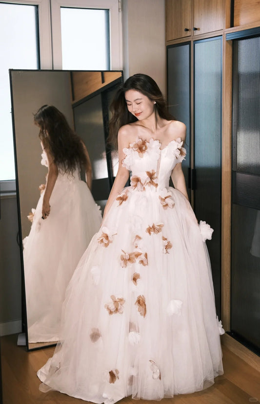 Dreamy White Off-the-Shoulder A-Line 3D Petal Tulle Train Prom Dress Evening Dress P4766