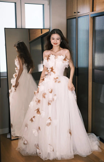 Dreamy White Off-the-Shoulder A-Line 3D Petal Tulle Train Prom Dress Evening Dress P4766