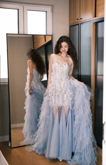 Dreamy Dusty Blue Feathered Layered Tulle Train Prom Dress Evening Dress P4767