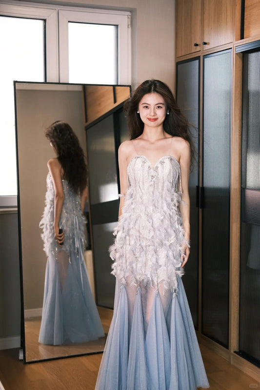 Dreamy Dusty Blue Feathered Layered Tulle Train Prom Dress Evening Dress P4767