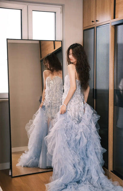 Dreamy Dusty Blue Feathered Layered Tulle Train Prom Dress Evening Dress P4767