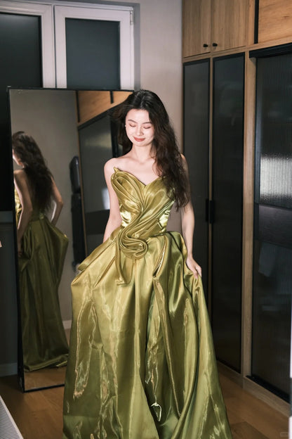 Vintage Strapless 3D Twist Split Shiny Satin Train Prom Dress Evening Dress P4768