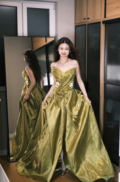 Vintage Strapless 3D Twist Split Shiny Satin Train Prom Dress Evening Dress P4768