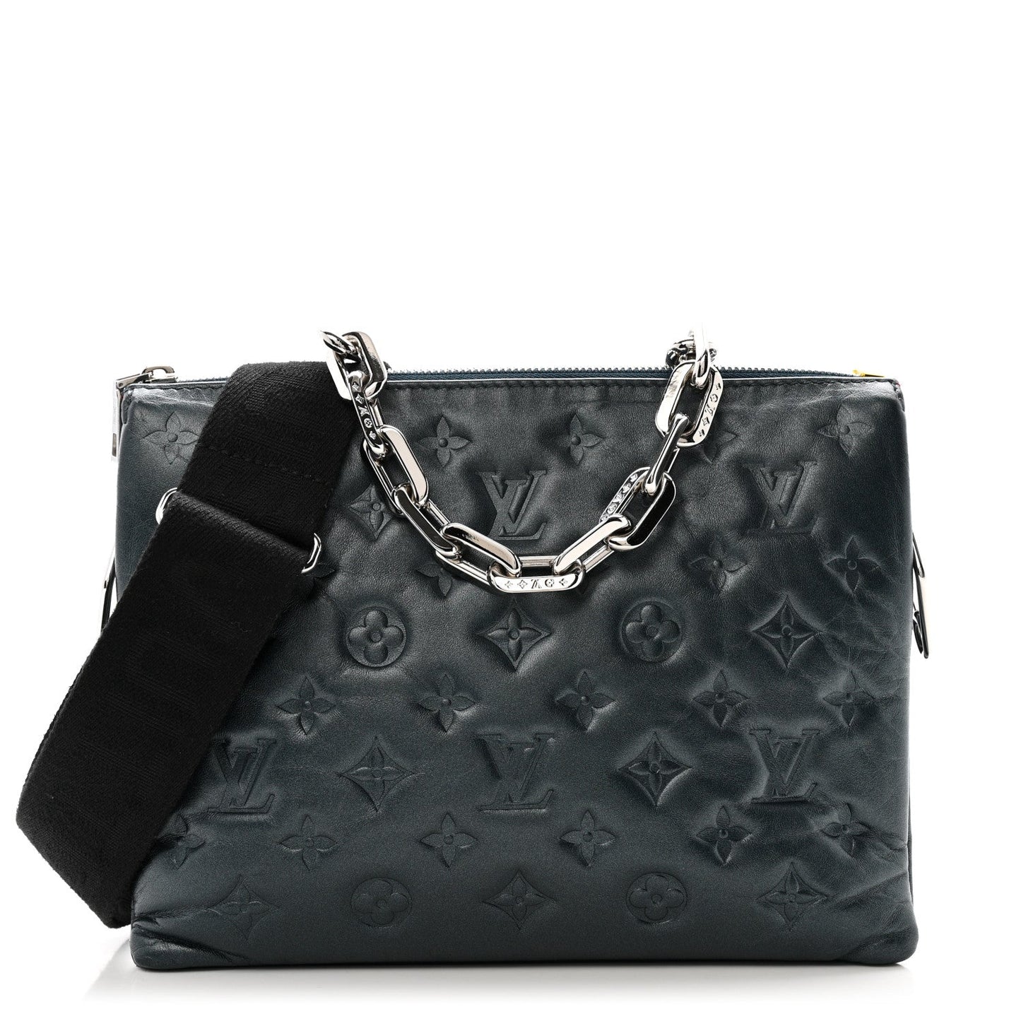 Metallic Lambskin Embossed Monogram Coussin PM Bleu