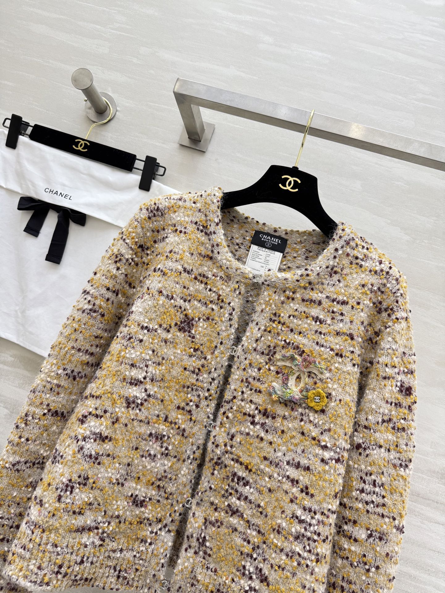 CC Cardigan Jacket Beige Multicolor Sheep Wool Tweed 343317