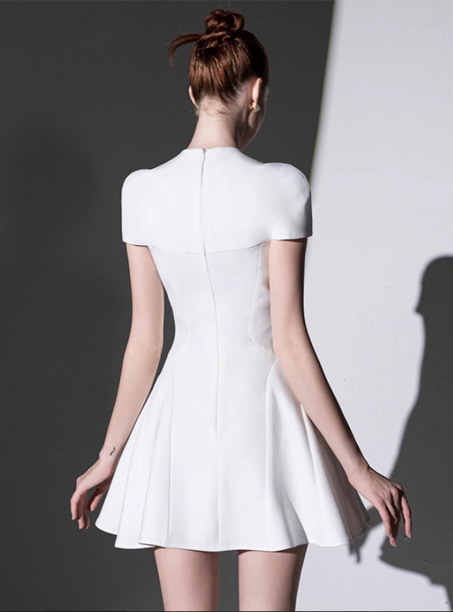French white satin short-sleeved banquet temperament slim dress dress homecoming dress R2983