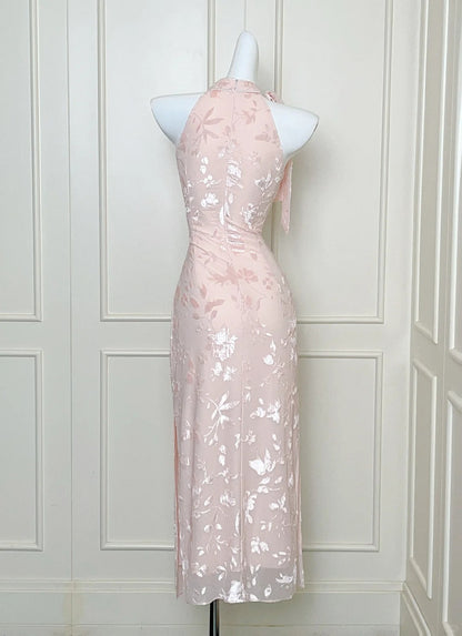 Elegant Pink Slim Halter Neck Jacquard Slit Long Prom Dress Evening Dress P4077
