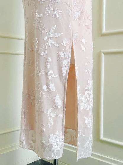 Elegant Pink Slim Halter Neck Jacquard Slit Long Prom Dress Evening Dress P4077