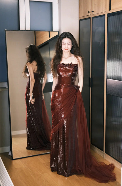 Vintage Luxurious Burgundy Strapless Mermaid Sequin Tulle Train Prom Dress Evening Dress P4770