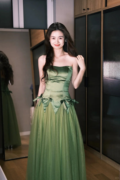 Elegant Matcha Green Strapless A-Line Satin Tulle Patchwork Long Prom Dress Evening Dress P4771