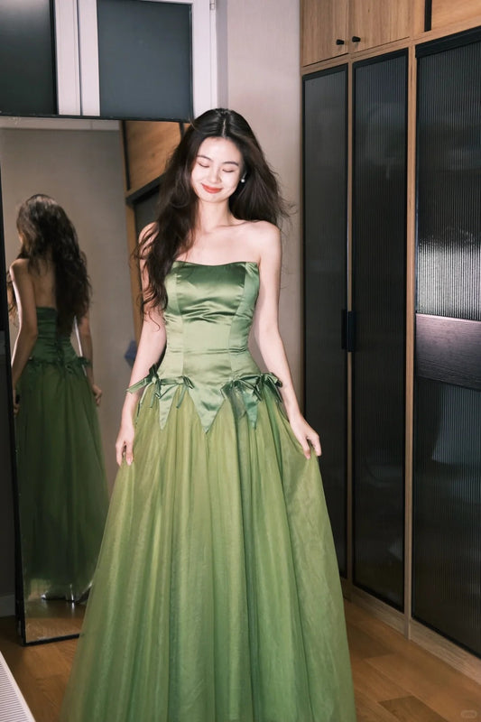 Elegant Matcha Green Strapless A-Line Satin Tulle Patchwork Long Prom Dress Evening Dress P4771