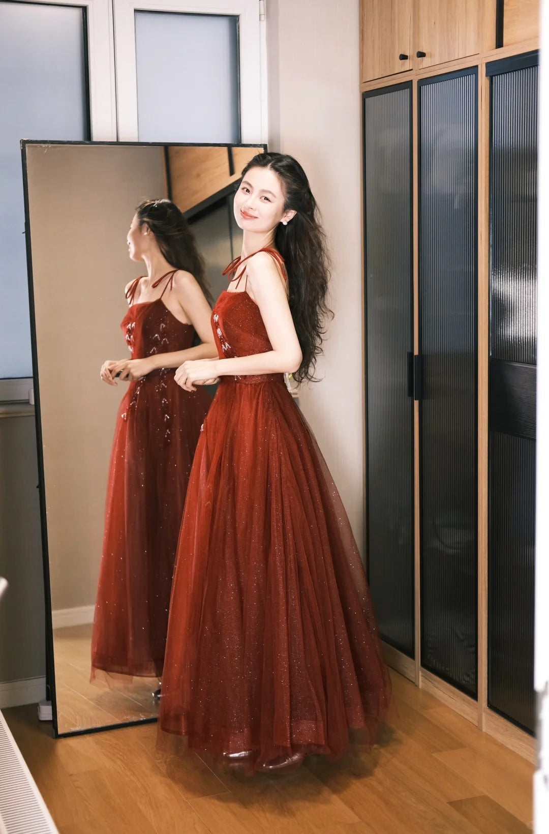 Elegant Burgundy Spaghetti Strap A-Line Tulle Long Prom Dress Evening Dress P4772