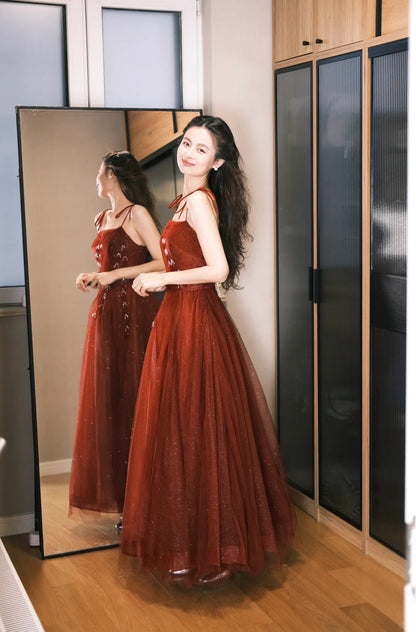 Elegant Burgundy Spaghetti Strap A-Line Tulle Long Prom Dress Evening Dress P4772
