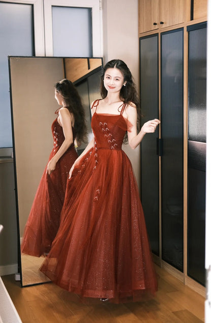 Elegant Burgundy Spaghetti Strap A-Line Tulle Long Prom Dress Evening Dress P4772