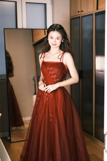 Elegant Burgundy Spaghetti Strap A-Line Tulle Long Prom Dress Evening Dress P4772