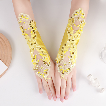 Hollow gloves wedding dress long lace embroidery nail beaded fingerless wedding gloves hook finger     S6250