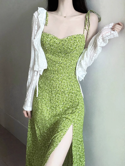 2025 Summer New Green Platycodon Floral Seaside Vacation Wear Suspender Dress R0902